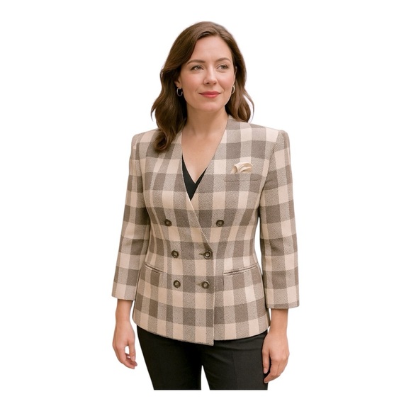 Kasper ASL Gray Buffalo Check Blazer Double Breasted Petite 14P Vintage, NWT - Picture 1 of 10